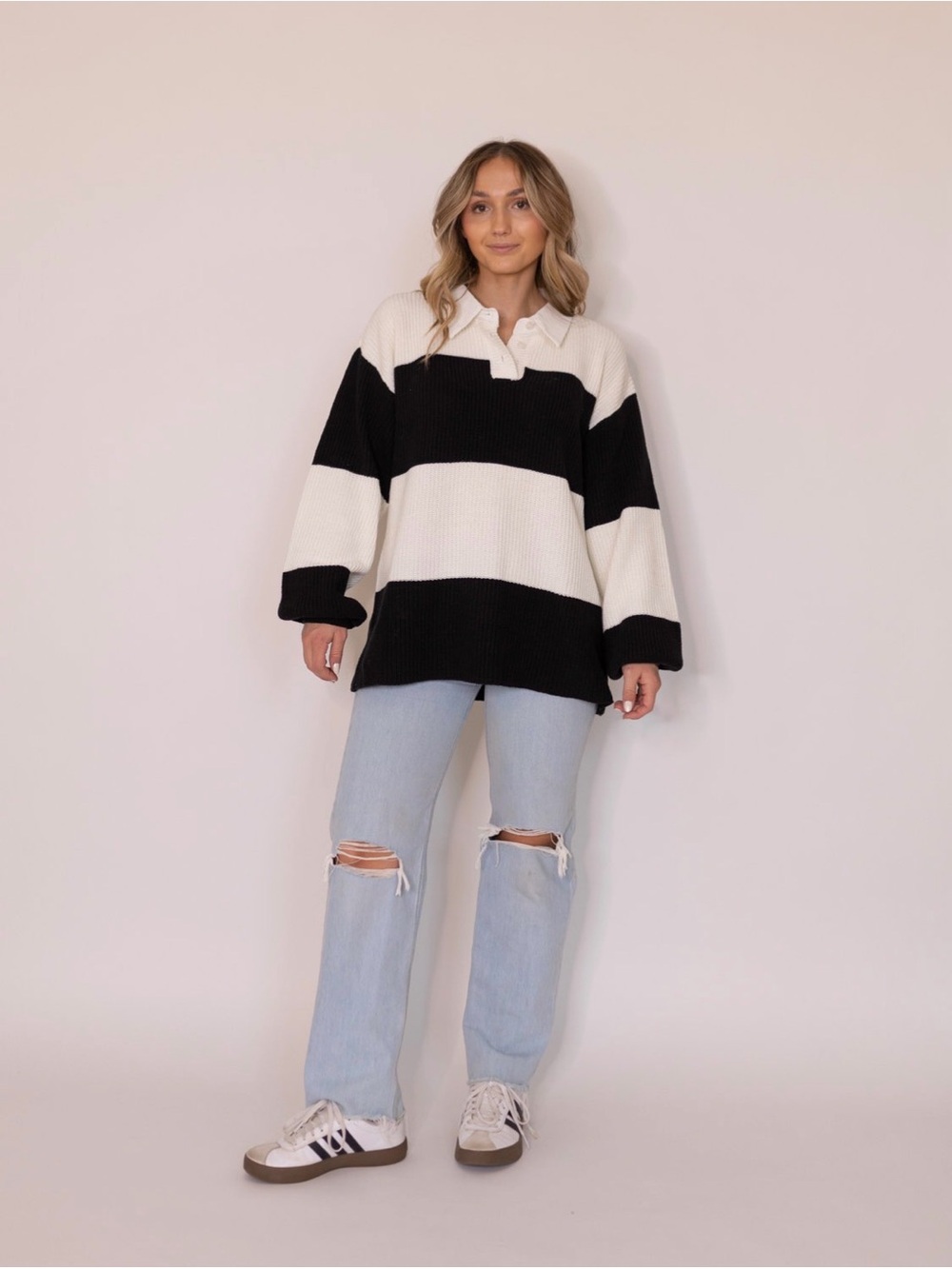 Oversized Black & White Striped Rugby Sweater
